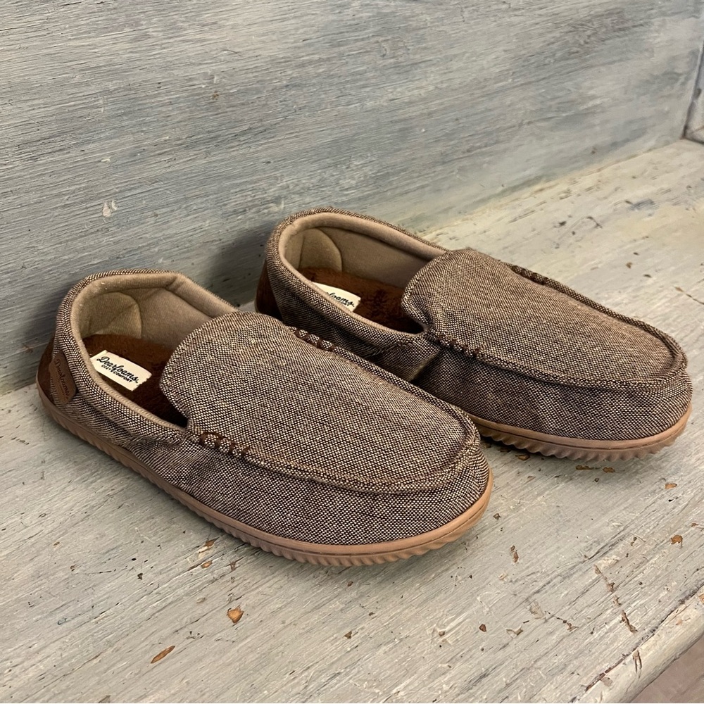 Dearfoams Cozy Comfort Tan Tweed‎ Canvas Rubber Sole Slippers 9-10 Like New